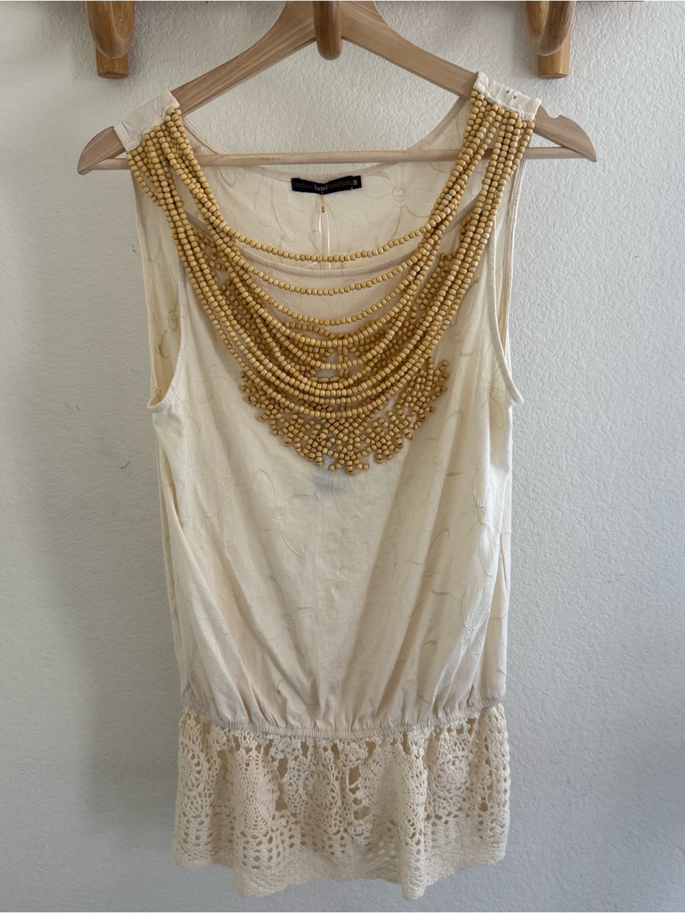 Boho peasant earthy festival Cream crochet cotton wooden beaded tank top tunic